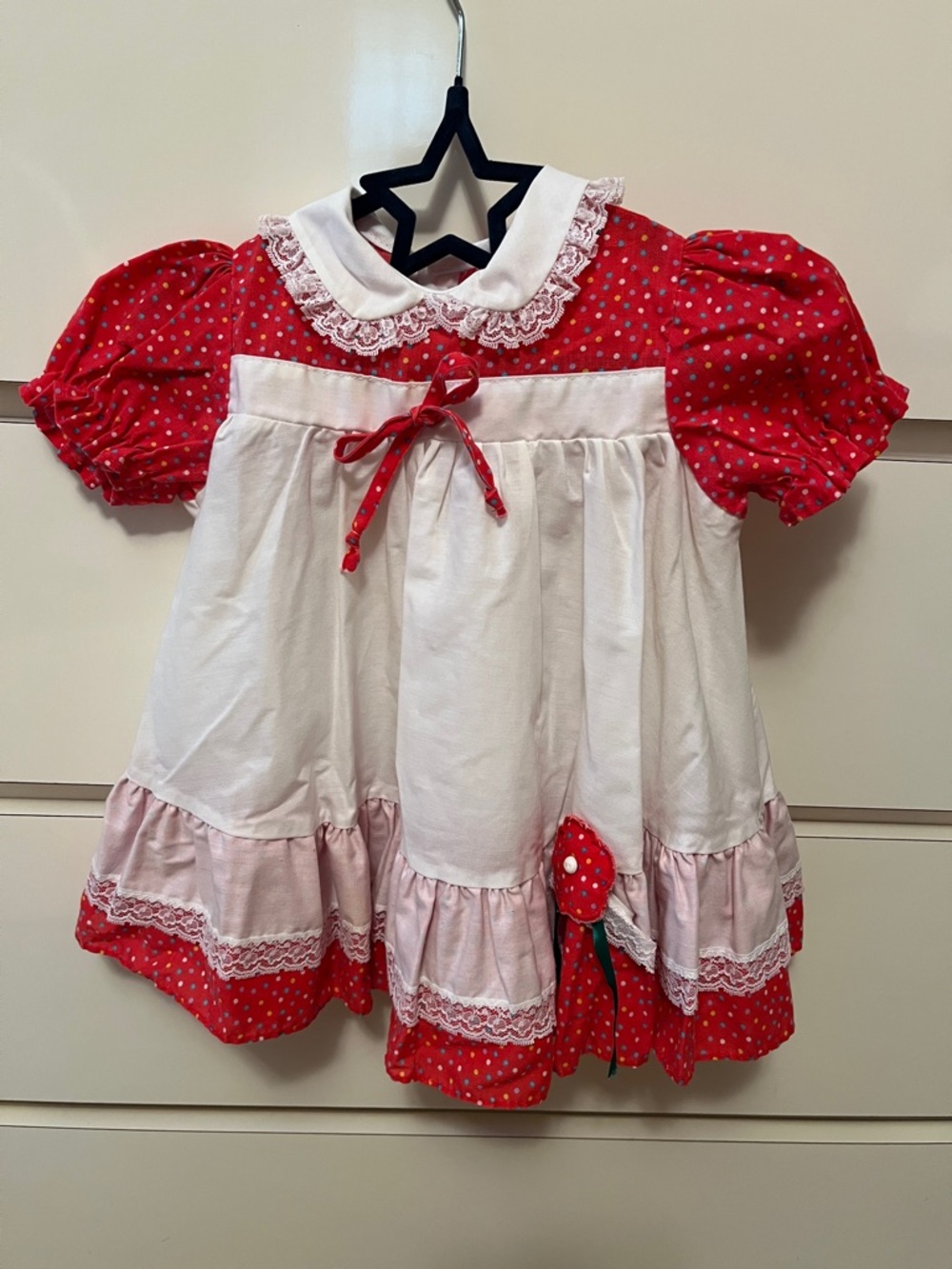 Vintage Red & White Polka Dot Puff Sleeve Baby Dress with Bow